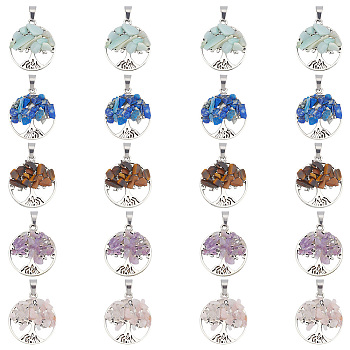4 Sets 5 Styles PandaHall Elite Natural Mixed Stone Pendants, with Alloy & 304 Stainless Steel Findings, Flat Round with Tree of Life Charm, Mixed Dyed and Undyed, 29x25x4.5mm, 4pcs/style