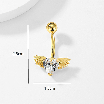 Stylish Heart with Angel Wings Stainless Steel Pave Clear Cubic Zirconia Belly Button Ring for Women Men, Golden