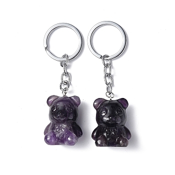 Natural Amethyst Pendant Keychains, with Iron Keychain Clasps, Bear, 8cm