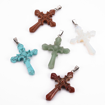 Natural & Synthetic Mixed Gemstone Big Pendants, with Platinum Brass Bails, Cross, 55~56.5x39.5~40.5x8.5~9.5mm, Hole: 3x8.5mm