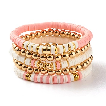 5Pcs 5 Style Synthetic Hematite & Polymer Clay Heishi Beads Stretch Bracelets Set, Yoga Surfering Stackable Bracelets for Women, Pink, Inner Diameter: 2-1/8~2-1/4 inch(5.5~5.7cm)