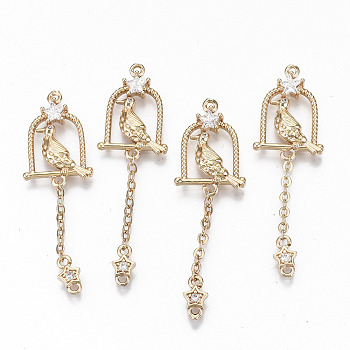Brass Micro Pave Cubic Zirconia Links Connectors, Light Gold, Long-Lasting Plated, Cadmium Free & Lead Free, Bird & Birdcage & Star, Clear, 43x14x3mm, Hole: 1.2mm