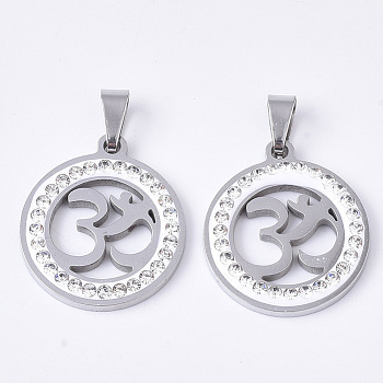 201 Stainless Steel Pendants, with Random Size Snap On Bails and Polymer Clay Crystal Rhinestones, Flat Round with Yoga/Aum/Om Symbol, Stainless Steel Color, 23x20x2~3mm, Hole: 7~10x3~5mm