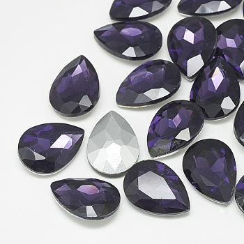 Pointed Back Glass Rhinestone Cabochons, Back Plated, Faceted, teardrop, Tanzanite, 18x13x5mm