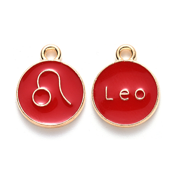 Alloy Enamel Pendants, Cadmium Free & Lead Free, Flat Round with Constellation, Light Gold, Red, Leo, 22x18x2mm, Hole: 1.5mm