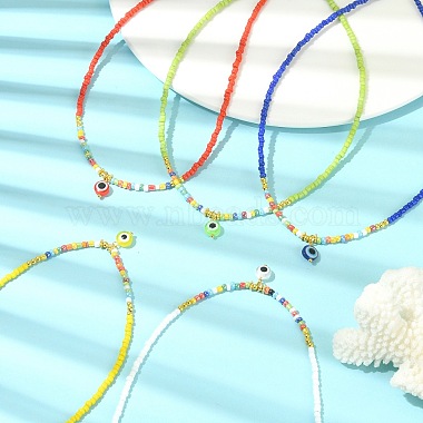 Resin Evil Eye Pendant Necklace with Glass Seed Beaded Chains(NJEW-JN04378)-6
