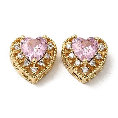 Pink Heart Brass+Cubic Zirconia Beads