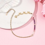 Natural Amethyst & Pearl Round Beaded Butterfly Anklets, with 304 Stainless Steel Textured Cable Chains, Golden, Purple, 8-3/4 inch(222mm)(AJEW-AN00795-02)