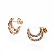 Brass Micro Pave Cubic Zirconia Stud Crawler Earrings, Climber Earrings, Crescent Moon, Golden, Colorful, 12x10mm, Pin: 0.8mm(EJEW-L229-05G)