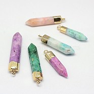 Natural Dyed Crystal Pencil Pointed Pendants, with Golden Color Brass Findings, Bullet, Mixed Color, 30~52x8~9x8~9mm, Hole: 2mm(G-L044-05)
