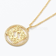 Brass Micro Pave Clear Cubic Zirconia Pendant Necklaces, Flat Round with Letter, Real 18K Gold Plated, Letter.S, 16.14~17.20 inch(41~43.7cm)(NJEW-E153-01S)