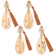 4Pcs 4 Style Ancient Musical Instrument Pipa Chinese Style Bookmark with Tassels for Book Lover, Chinese Character and Drawing Engraved Bamboo Bookmark, BurlyWood, Mixed Patterns, 120.5x39.5x2.3mm, 1pc/style(AJEW-NB0002-72)