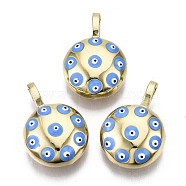 Brass Enamel Pendants, with Fold Over Bails, Nickel Free, Flat Round with Evil Eye & Heart Pattern, Real 16K Gold Plated, Cornflower Blue, 26~27x19x10mm, Hole: 6x4mm(KK-N237-002-NF)