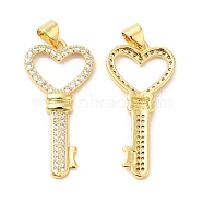Brass Micro Pave Clear Cubic Zirconia Pendants, Heart Key, Real 16K Gold Plated, 32x15.5x3mm, Hole: 4x3.5mm(ZIRC-L103-018G)