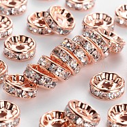 Brass Rhinestone Spacer Beads, Grade AAA, Straight Flange, Nickel Free, Rose Gold Metal Color, Rondelle, Crystal, 10x4mm, Hole: 2mm(RB-A014-Z10mm-01RG-NF)