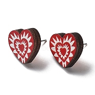 Valentine's Day Theme Printing Wood Stud Earrings for Women, with 316 Stainless Steel Pins, Heart, 15x16.5mm(EJEW-B029-01)