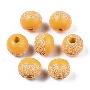 Painted Natural Wood Beads, Laser Engraved Pattern, Round, Gold, 10x9mm, Hole: 2.5mm(WOOD-S057-072Q)