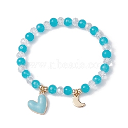 Glass Round Beaded Stretch Bracelets, with Alloy Wing & 304 Stainless Steel Heart Charms, Deep Sky Blue, Inner Diameter: 2-1/8 inch(5.4cm)(BJEW-JB09909-01)