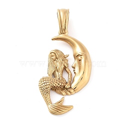 304 Stainless Steel Big Pendants, Moon with Mermaid Charm, Golden, 50x25x4.8mm, Hole: 7.2x4.8mm(STAS-R225-09G)