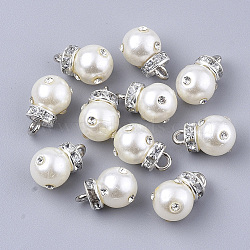 High Luster ABS Plastic Imitation Pearl Pendants, with Iron Findings and Crystal Rhinestone, Round, Creamy White, Silver Color Plated, 15~16x10mm, Hole: 2.5mm(X-RB-T011-02B-S)