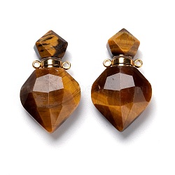 Natural Tiger Eye Perfume Bottle Pendants, with Golden Brass Findings, Faceted, Rhombus, 27mm, Hole: 1.4mm(G-D058-11G-05)