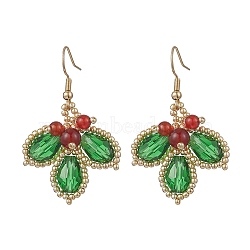 304 Stainless Steel Leaf Dangle Earrings, with Glass Seed & Glass & Natural Carnelian Pendants, Golden, 45x29.5mm(EJEW-MZ00622)