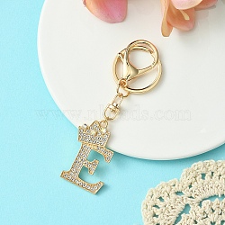 Golden Alloy Rhinestone Keychain, with Alloy Clasp and Iron Rings, Letter E, 10cm, Pendant: 42mm(KEYC-YW00105-05)