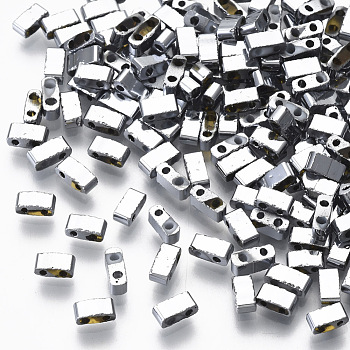 Electroplate Glass Seed Beads, 2-Hole, Rectangle, Platinum Plated, 4.5~5.5x2x2~2.5mm, Hole: 0.5~0.8mm