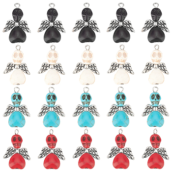 40Pcs 4 Colors Halloween Dyed Synthetic Turquoise Pendants, with CCB Plastic Wings and Platinum Tone Iron Loops, Skull Angel, Mixed Color, 29x20x9mm, Hole: 2.5mm, 10pcs/color
