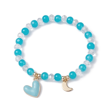 Glass Round Beaded Stretch Bracelets, with Alloy Wing & 304 Stainless Steel Heart Charms, Deep Sky Blue, Inner Diameter: 2-1/8 inch(5.4cm)