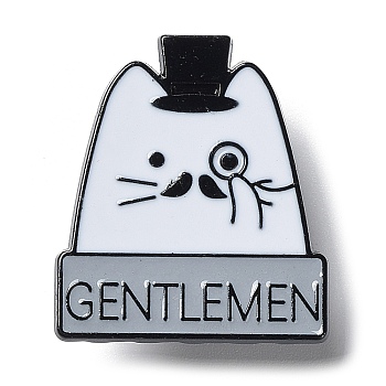 Cartoon Cat with Word Gentlemen Enamel Pin, Electrophoresis Black Alloy Brooch for Clothes Backpack, Hat, 26.5x23x1.5mm