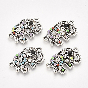 Alloy Links connectors, with Resin and Rhinestone, Elephant, Antique Silver, Colorful, 14x23x3mm, Hole: 1.5mm