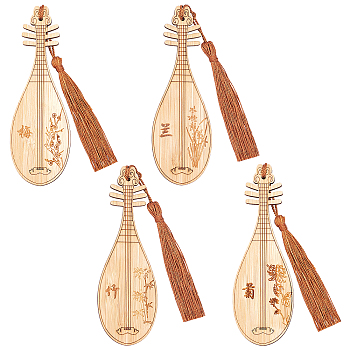 4Pcs 4 Style Ancient Musical Instrument Pipa Chinese Style Bookmark with Tassels for Book Lover, Chinese Character and Drawing Engraved Bamboo Bookmark, BurlyWood, Mixed Patterns, 120.5x39.5x2.3mm, 1pc/style