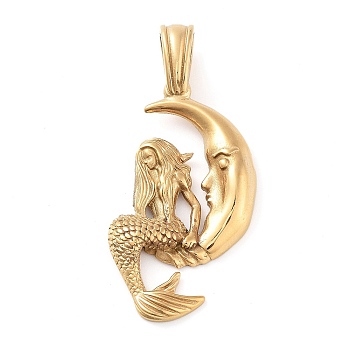 304 Stainless Steel Big Pendants, Moon with Mermaid Charm, Golden, 50x25x4.8mm, Hole: 7.2x4.8mm