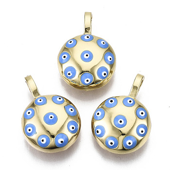 Brass Enamel Pendants, with Fold Over Bails, Nickel Free, Flat Round with Evil Eye & Heart Pattern, Real 16K Gold Plated, Cornflower Blue, 26~27x19x10mm, Hole: 6x4mm