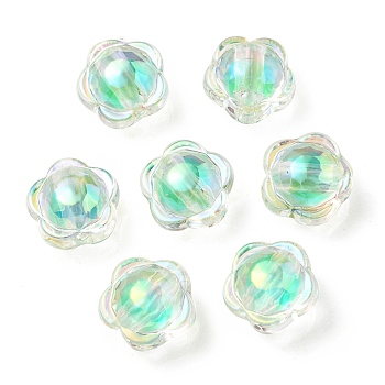 UV Plating Rainbow Iridescent Acrylic Beads, Two Tone Bead in Bead, Flower, Medium Turquoise, 12x12.5x8.5mm, Hole: 2.5mm