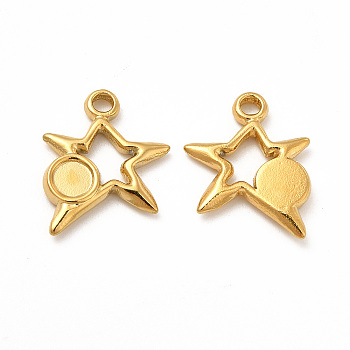 Ion Plating(IP) 304 Stainless Steel Pendants Cabochon Settings, Star with Round Tray, Real 18K Gold Plated, 14.5x13x2mm, Hole: 1.6mm, Tray: 4mm