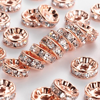 Brass Rhinestone Spacer Beads, Grade AAA, Straight Flange, Nickel Free, Rose Gold Metal Color, Rondelle, Crystal, 10x4mm, Hole: 2mm