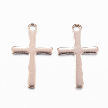 Ion Plating(IP) 304 Stainless Steel Charms, Cross Pendants, Rose Gold, 15.5x9.5x0.8mm, Hole: 1mm