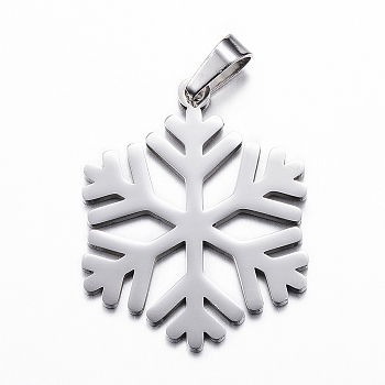 304 Stainless Steel Pendants, Christmas, Snowflake, Stainless Steel Color, 33.5x27x1.5mm, Hole: 3x5mm