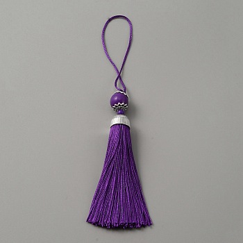 Polyester Tassel Big Pendants Decorations, with Acrylic Beaded and Platinum Alloy Findings, Purple, 188mm