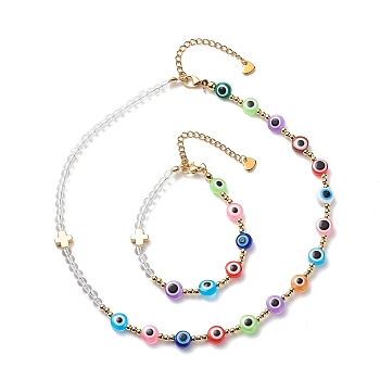 Natural Quartz Crystal & Resin Evil Eye Beaded Bracelet and Necklace, 304 Stainless Steel Cross Jewelry Set for Women, Colorful, 15-5/8 inch(39.7cm), 7 inch(17.6cm)
