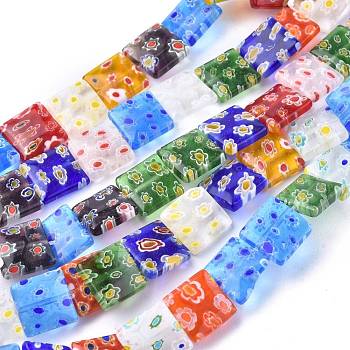 Square Handmade Millefiori Glass Beads Strands, Mixed Color, 12x12x4mm, Hole: 1mm, about 32pcs/strand, 14.5 inch
