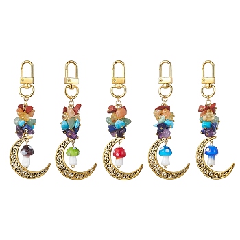 Alloy Hollow Moon & Lampwork Mushroom Pendant Decorations, Natural & Synthetic Mixed Stone Chip and Swivel Clasps Charm, Mixed Color, 99mm