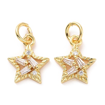 Brass Micro Pave Cubic Zirconia Charms, with Jump Rings, Long-Lasting Plated, Cadmium Free & Lead Free, Light Gold, Star, Clear, 12x10x3mm