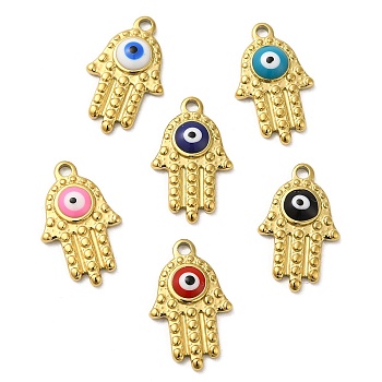 304 Stainless Steel Enamel Pendants, Real 18K Gold Plated, Hamsa Hand with Evil Eye Charm, Mixed Color, 20x12x3.5mm, Hole: 1.8mm