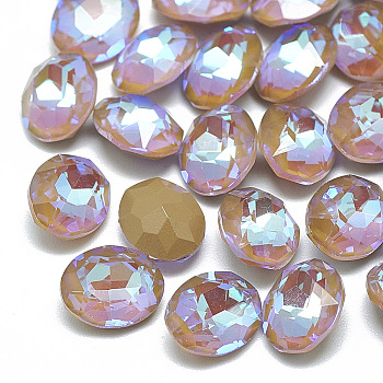 Pointed Back K9 Glass Rhinestone Cabochons, Mocha Fluorescent Style, Random Color Back Plated, Fluorescent, Oval, Greige, 6x4x2.5mm