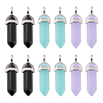 3Pcs 3 Colors Imitation Jade Glass Pointed Pendants, with Brass Findings, Bullet, Mixed Color, 39x12mm, Hole: 3x4mm, 1pcs/color