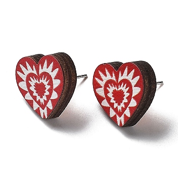 Valentine's Day Theme Printing Wood Stud Earrings for Women, with 316 Stainless Steel Pins, Heart, 15x16.5mm
