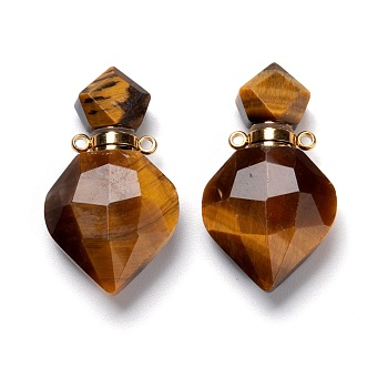 Natural Tiger Eye Perfume Bottle Pendants, with Golden Brass Findings, Faceted, Rhombus, 27mm, Hole: 1.4mm